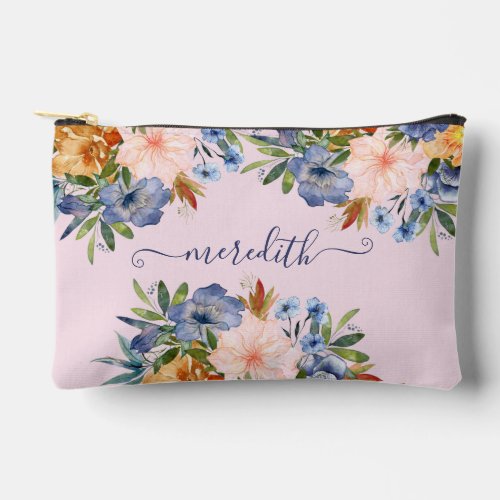 Lovely Watercolor Pink Blue Flowers Name  Accessory Pouch