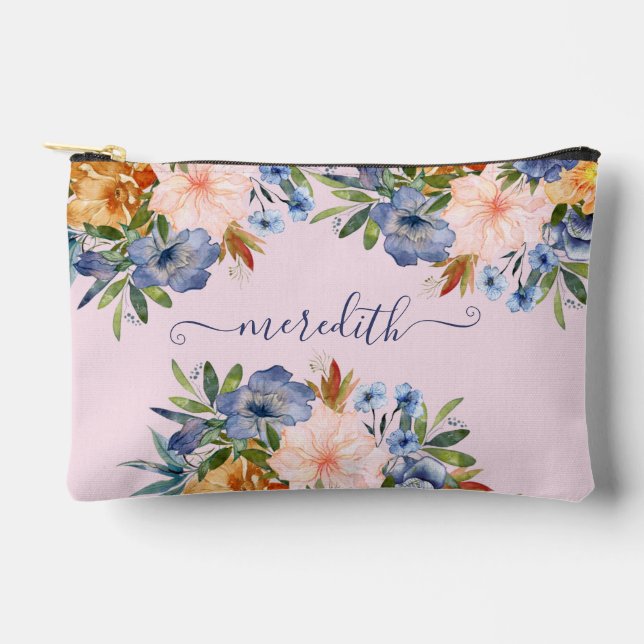 Lovely Watercolor Pink Blue Flowers Name  Accessory Pouch (Front)