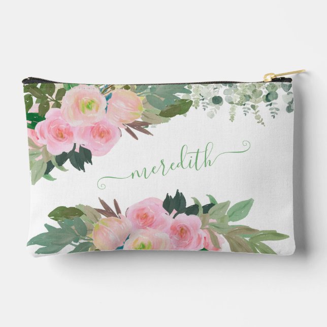 Lovely Watercolor Pink Flowers Personalized Name  Accessory Pouch (Back)