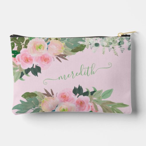 Lovely Watercolor Pink Flowers Personalized Name  Accessory Pouch