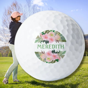 Lovely Watercolor Pink Flowers Personalized Name  Golf Balls