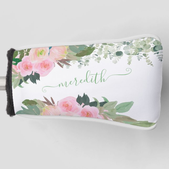 Lovely Watercolor Pink Flowers Personalized Name  Golf Head Cover (Front)