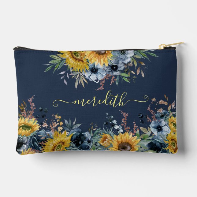 Lovely Watercolor Sunflowers Blue Background Name  Accessory Pouch (Back)