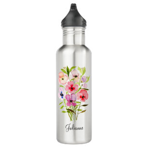 Lovely Watercolor Wildflower Bouquet with Name Stainless Steel Water Bottle