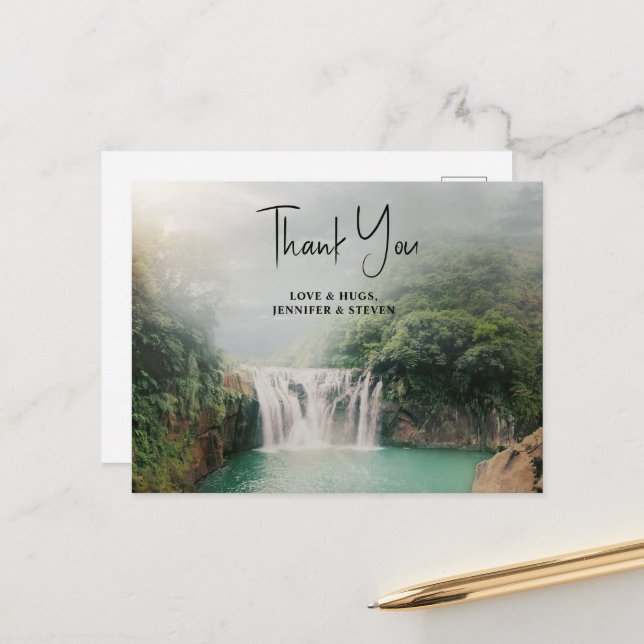 Lovely Waterfall by a Lush Green Forest Thank You Postcard (Front/Back In Situ)