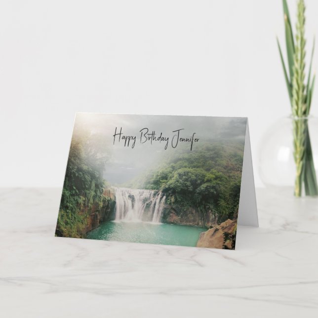 Lovely Waterfall in a Mountain Forest Birthday Card (Front)