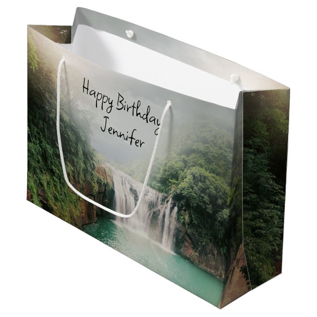 Lovely Waterfall in a Mountain Forest Birthday Large Gift Bag (Front Angled)