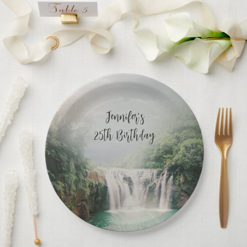 Lovely Waterfall in a Mountain Forest Birthday Paper Plates