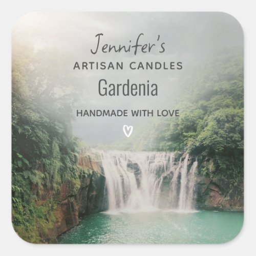 Lovely Waterfall in a Mountain Forest Candle Biz Square Sticker