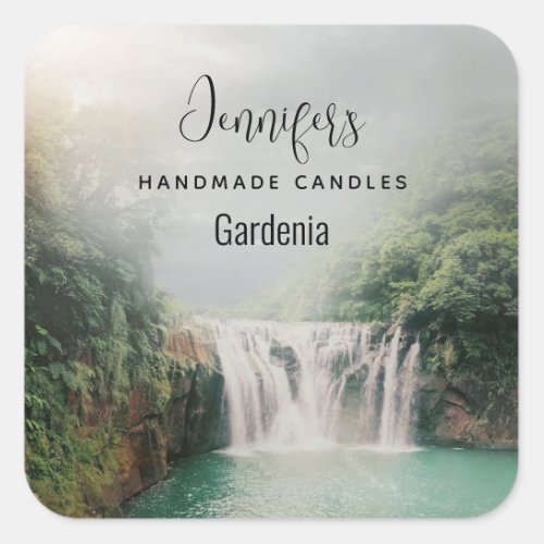 Lovely Waterfall in a Mountain Forest Candle Biz Square Sticker