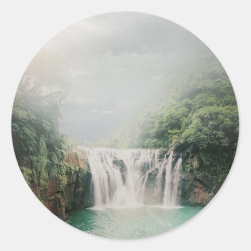 Lovely Waterfall in a Mountain Forest Classic Round Sticker