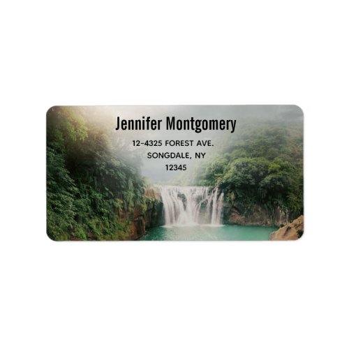 Lovely Waterfall in a Mountain Forest Label