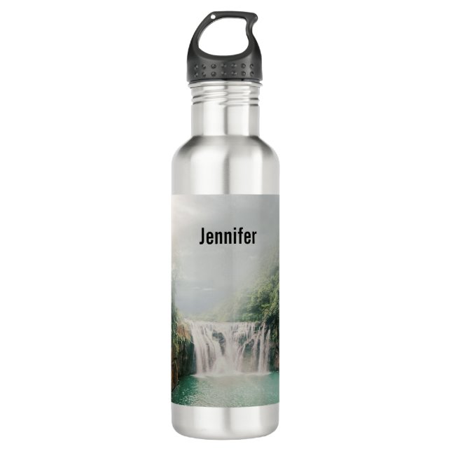 Lovely Waterfall in a Mountain Forest Stainless Steel Water Bottle (Front)