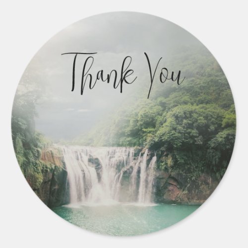  Lovely Waterfall in a Mountain Forest Thank You Classic Round Sticker