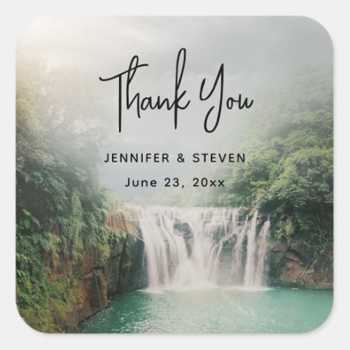 Lovely Waterfall in a Mountain Forest Thank You Square Sticker