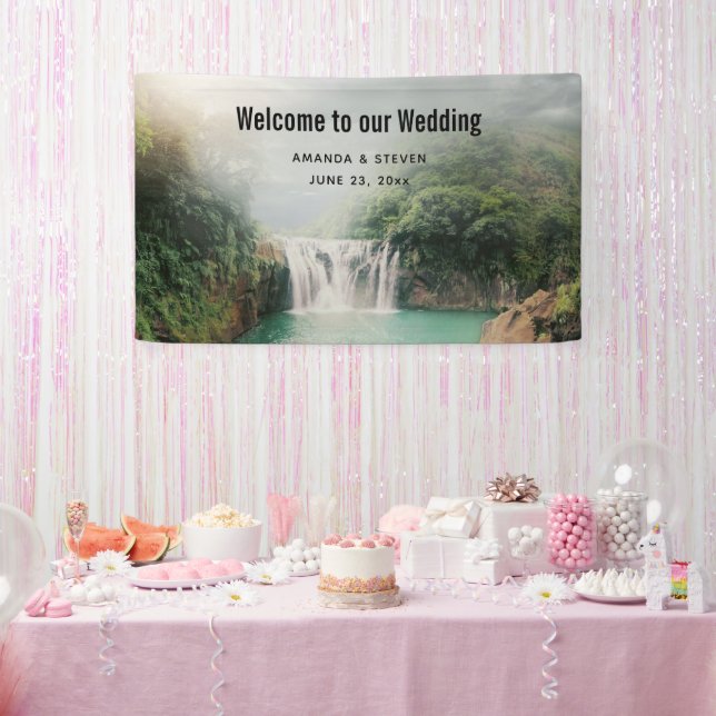 Lovely Waterfall in a Mountain Forest Wedding Banner (Party)