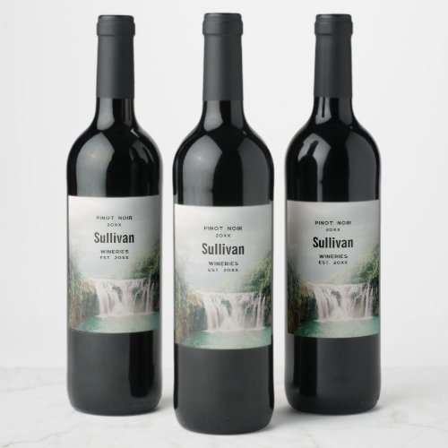 Lovely Waterfall in a Mountain Forest Wine Making Wine Label