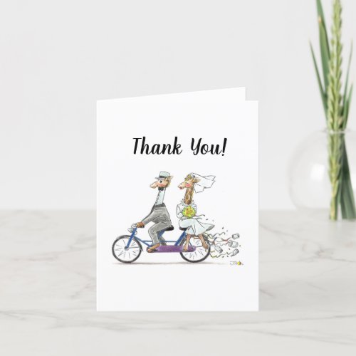 lovely wedding giraffe couple on bicycle thank you card