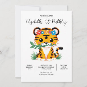 Lovely Whimsical Tiger 1st Birthday Digital Invitation