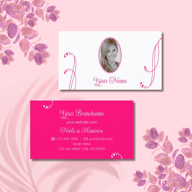 Lovely White and Pink Ornate with Portrait Photo Business Card (Creator Uploaded)