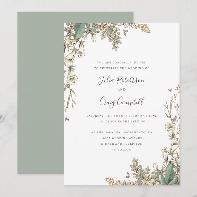 Lovely White Bellflowers leaves Whimsical wedding Invitation (Front/Back)