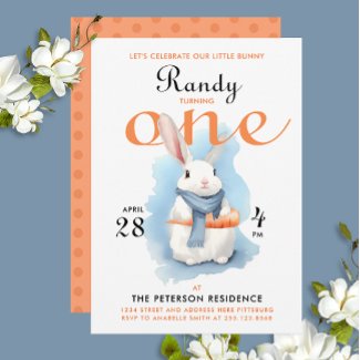 Lovely White Bunny Cute First Birthday  Watercolor