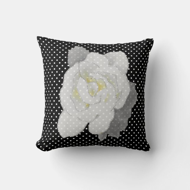 Lovely White Flower Black White Polka Dot Throw Pillow (Front)