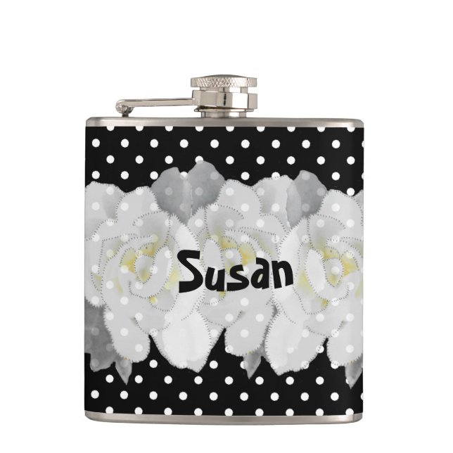 Lovely White Gardenia Flowers on Black and White Flask (Front)
