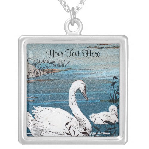 Lovely white Mother Swan in Lake with Baby Swan Silver Plated Necklace