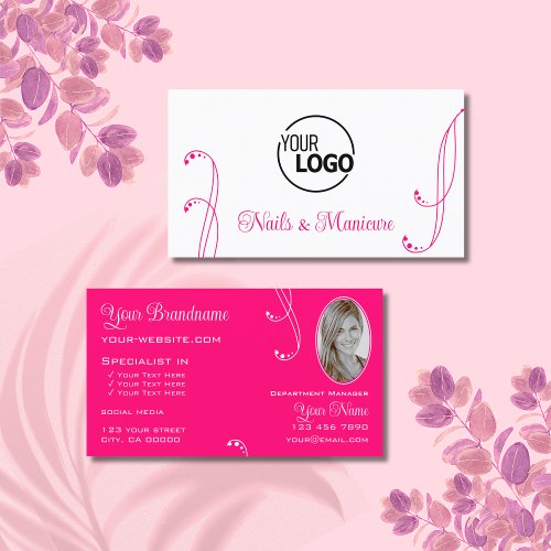 Lovely White Pink Chic Ornate with Logo and Photo Business Card