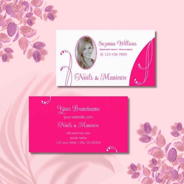 Lovely White Pink Chic Ornate with Portrait Photo Business Card (Creator Uploaded)