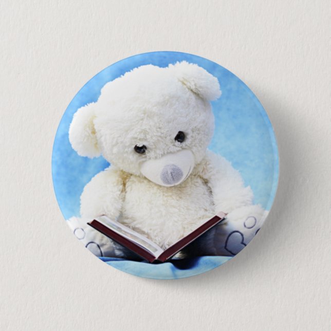 Lovely White Teddy Bear Read Book Button (Front)