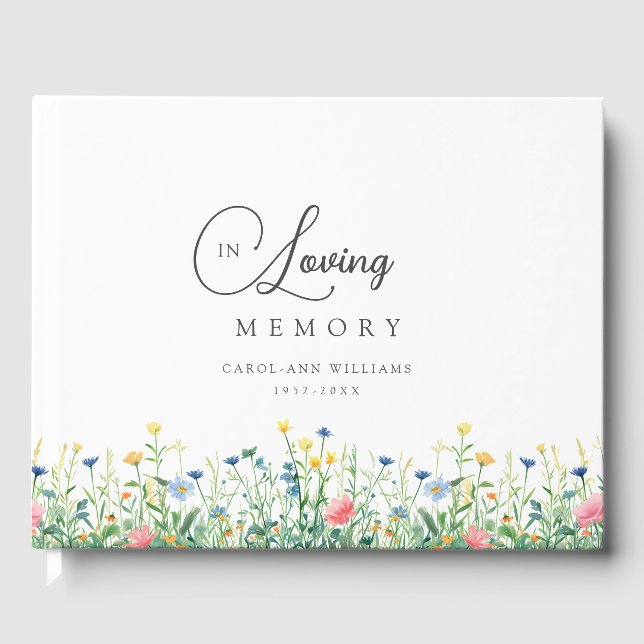 Lovely, wildflower "In Loving Memory" funeral Guest Book (Front)