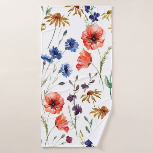 Lovely wildflowers watercolor poppy cornflower bath towel