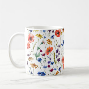 Lovely wildflowers, watercolor, poppy, cornflower, coffee mug