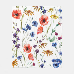 Lovely wildflowers, watercolor, poppy, cornflower, fleece blanket