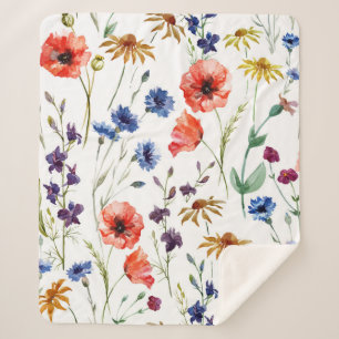 Lovely wildflowers, watercolor, poppy, cornflower, sherpa blanket