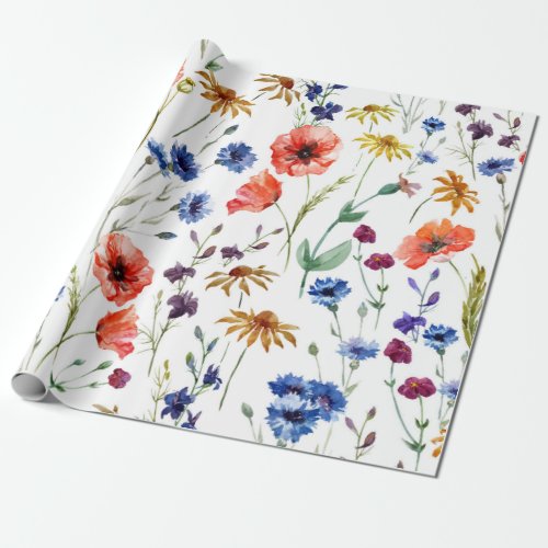 Lovely wildflowers watercolor poppy cornflower wrapping paper