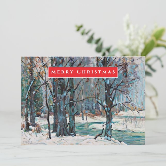 Lovely Winter Snow Scene in Blues Grays Christmas Holiday Card (Standing Front)