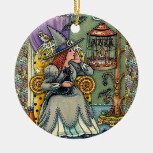 LOVELY WITCH, CAT & HER PETS, BAT CAGE, HALLOWEEN CERAMIC ORNAMENT