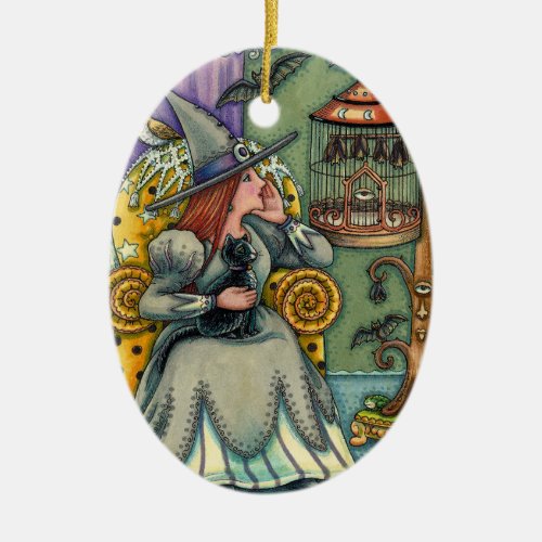 LOVELY WITCH, CAT & HER PETS, BAT CAGE, HALLOWEEN CERAMIC ORNAMENT