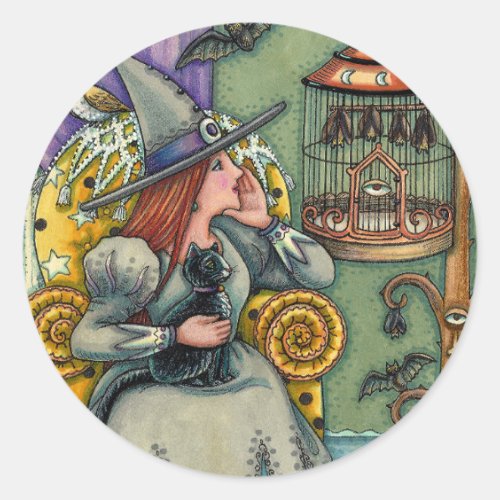 LOVELY WITCH, CAT & HER PETS, BAT CAGE, HALLOWEEN CLASSIC ROUND STICKER