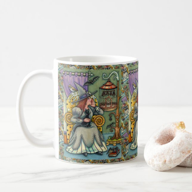 LOVELY WITCH, CAT & HER PETS, BAT CAGE, HALLOWEEN COFFEE MUG (With Donut)