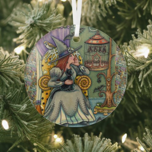 LOVELY WITCH, CAT & HER PETS, BAT CAGE, HALLOWEEN GLASS ORNAMENT