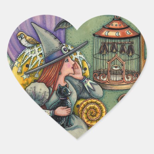 LOVELY WITCH, CAT & HER PETS, BAT CAGE, HALLOWEEN HEART STICKER