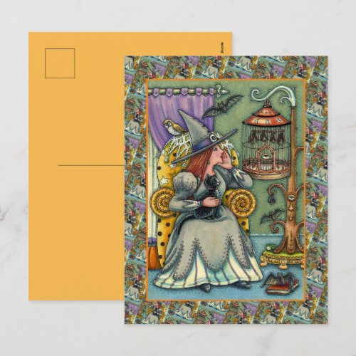 LOVELY WITCH, CAT & HER PETS, BAT CAGE, HALLOWEEN HOLIDAY POSTCARD