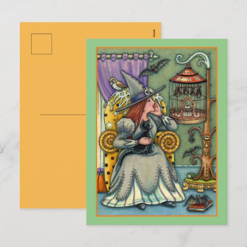 LOVELY WITCH, CAT & HER PETS, BAT CAGE, HALLOWEEN HOLIDAY POSTCARD