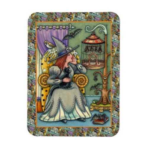 LOVELY WITCH, CAT & HER PETS, BAT CAGE, HALLOWEEN MAGNET