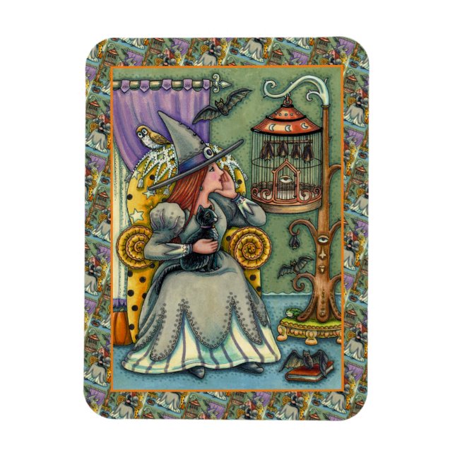LOVELY WITCH, CAT & HER PETS, BAT CAGE, HALLOWEEN MAGNET (Vertical)