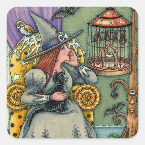 LOVELY WITCH, CAT & HER PETS, BAT CAGE, HALLOWEEN SQUARE STICKER